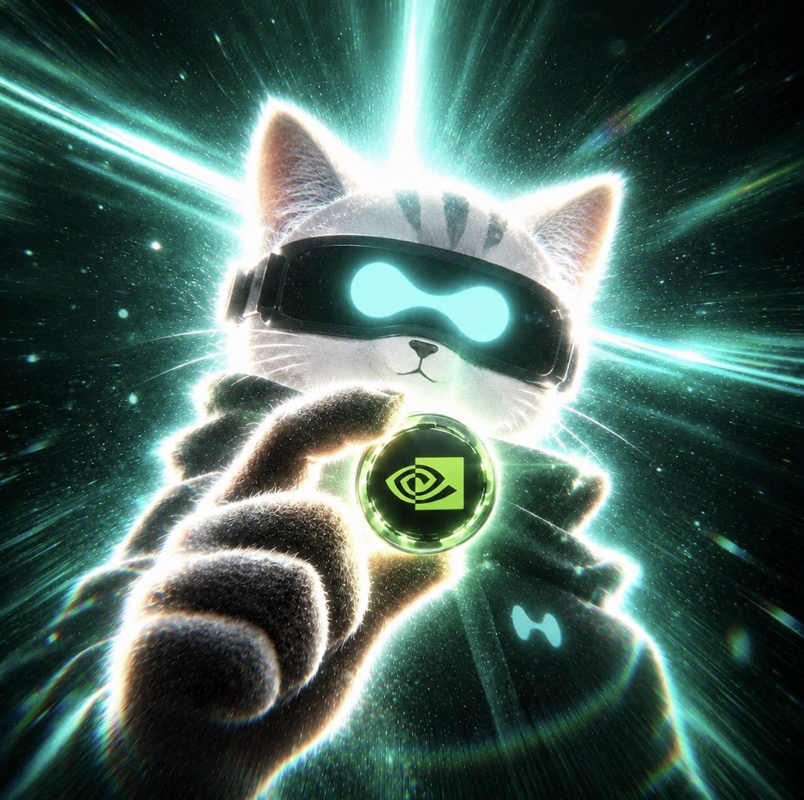 CPU, the AI cat of Hyperliquid, holding a glowing NVIDIA GPU core